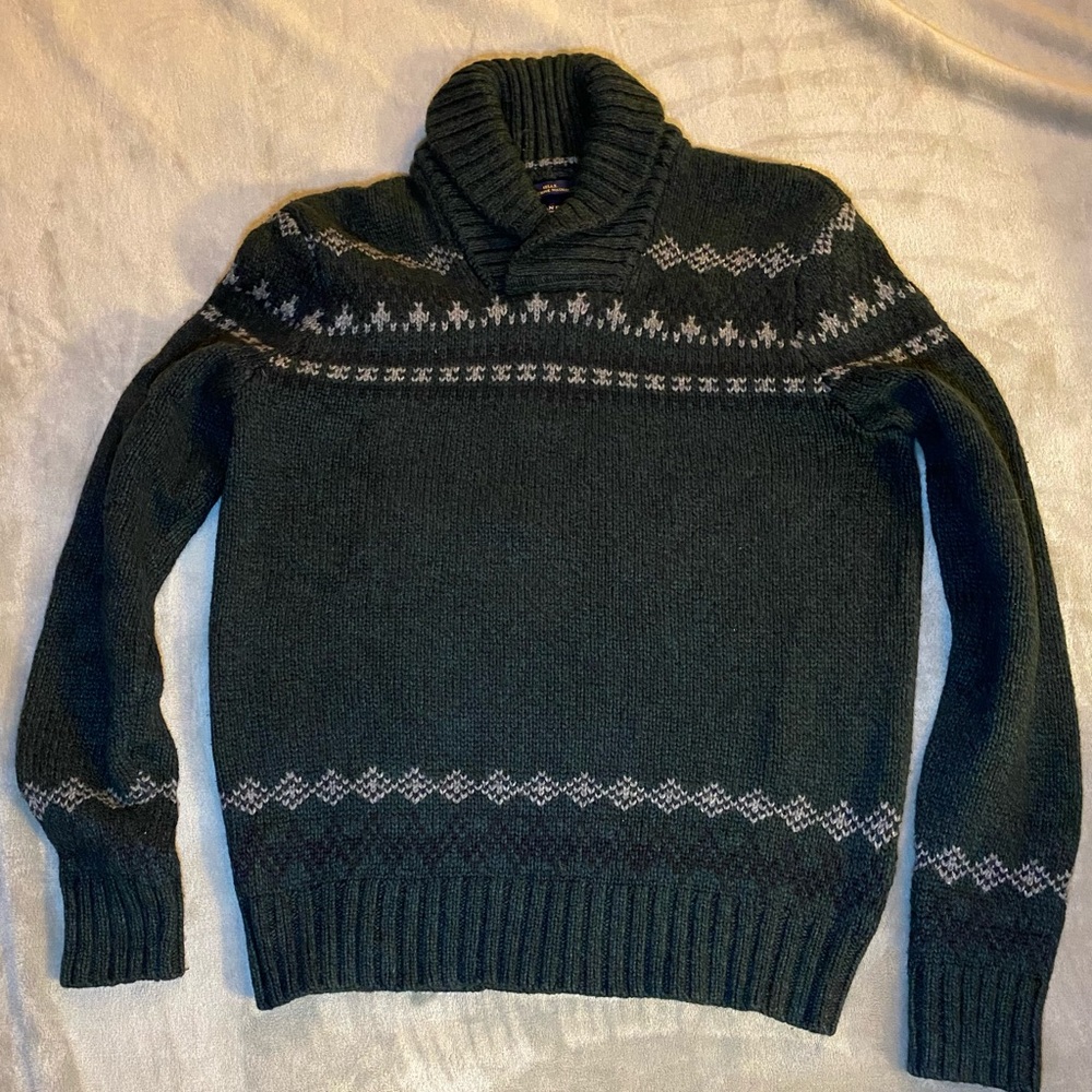 American Eagle Outfitters Forest Green Fair Isle Style Shawl Neck Sweater